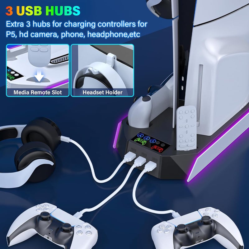 RJAD PS5/PS5-Slim-Cooling-Station-with-Controller-Charging-Station for PlayStation 5 Console Disc/Digital, LED Light Cooling Stand with Cooler Fan for PS5 Accessories with 3 USB Hubs/Headset Holder - Image 5